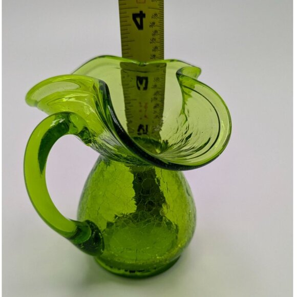 Handblown Crackle Green Glass Pitcher Creamer Vase Vintage Decor Piece - Picture 3 of 8